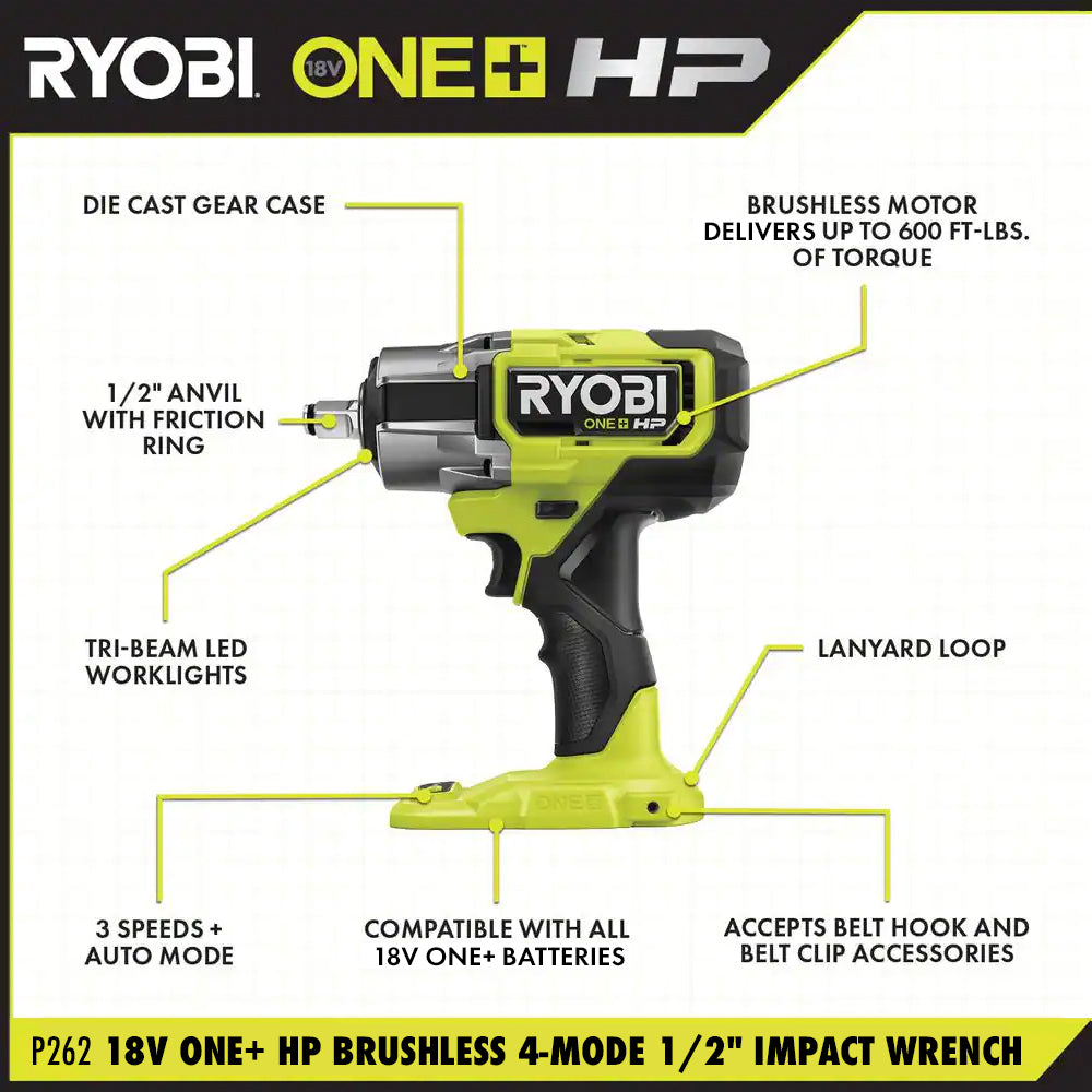 18V ONE+ HP Brushless 4-Mode 1/2" Impact Wrench Kit Image 2